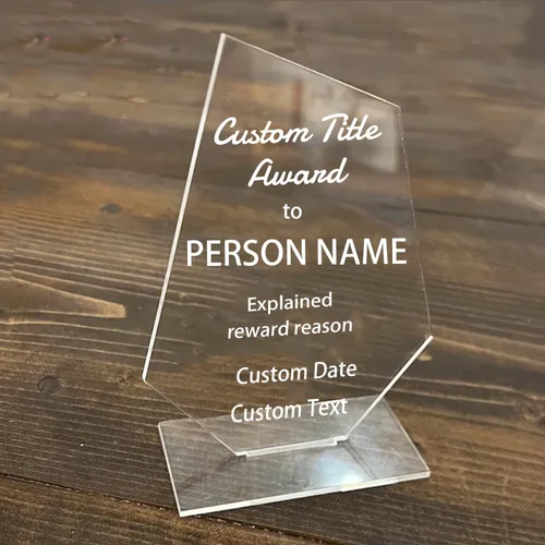 Vista 6 de Placa de premio de trofeo personalizada para actividades, letrero de premio acrílico personalizado, tablero de trofeos transparente con base, trofeo