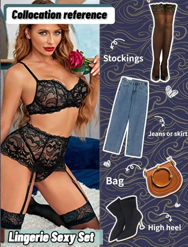 Vista 32 de Avidlove - Conjunto de lencería para mujer de cintura alta, lencería con cinturón, lencería