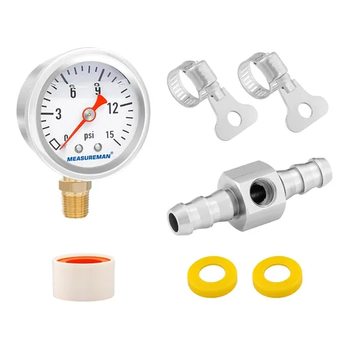 Vista 25 de MEASUREMAN - Manómetro, 0 a 15 psi, relleno glicerina, esfera 1.5 pulgadas, caja acero inoxidable 304, montaje central posterior 1/8 NPT, adaptador