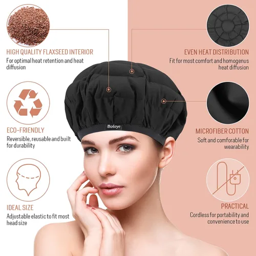 Vista 2 de Boloye - Gorro térmico de acondicionamiento profundo de linaza, sin cable, 100% seguro, para microondas, para cuidado del cabello natural y rizado