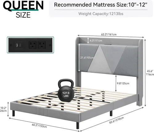 Vista 2 de YITAHOME Base de cama Queen con puertos tipo C y USB, plataforma tapizada de lino con cabecera de almacenamiento de lino, no necesita somier, sin