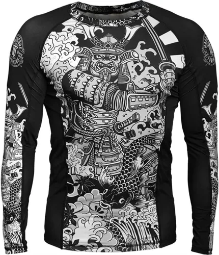 Vista 7 de Hardcore Training Camiseta de compresión para hombre, manga larga, Jiu Jitsu, MMA No-Gi, BJJ apretada, capa base de combate Negro Gris