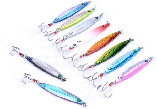 Vista 7 de Aorace 10 piezas de metal duro jigs buceo pesca mar señuelos minnow Popper cebos aparejos Crankbait agua salada señuelos de agua dulce con pluma