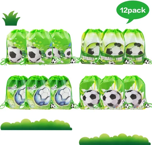Vista 5 de Paquete de 12 bolsas de regalos de fiesta de cumpleaños con cordón de fútbol, bolsa de suministros de fiesta temática deportiva, paquete de regalo