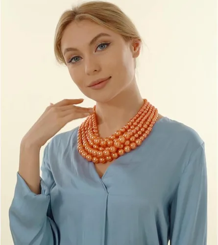 Vista 3 de JNF Collares grandes de perlas de imitación para mujer, collar de perlas de múltiples hebras, pulsera y aretes, collar de perlas para disfraz
