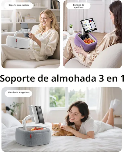 Vista 4 de LULULOOK Soporte de almohada Kindle ultra esponjoso para leer, soporte de almohada para tableta con cuenco de aperitivos y brazo plegable compatible