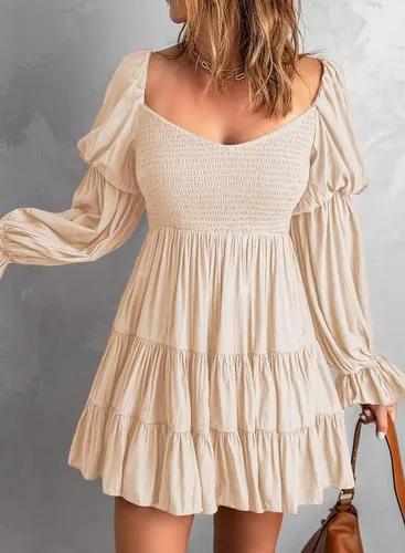 Vista 4 de Dokotoo - Vestido corto de verano para mujer 2022, elegante, con hombros descubiertos, cuello en V, manga larga, con volantes, estilo skater