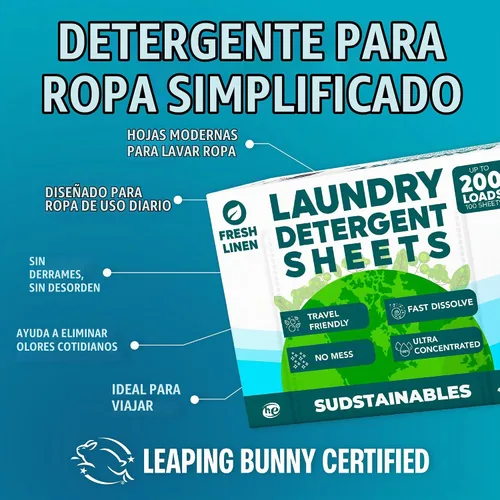 Vista 5 de Sudstainables Hojas de detergente para ropa de 200 cargas: hoja de lavandería soluble para lavadoras, alternativa compacta al detergente líquido