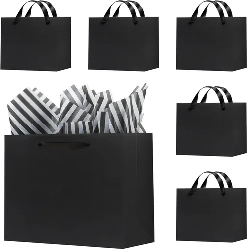 Vista 10 de Offizon 12 bolsas de regalo negras, bolsas de regalo con papel de seda