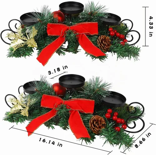 Vista 3 de MorTime - Portavelas de Navidad para centro de mesa, decoración de mesa de Navidad con lazo rojo, bayas, piñas, centro de mesa con base de acero