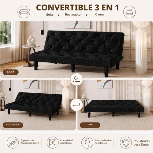 Vista 3 de Anwick Sofá cama futón 3 en 1, sofá cama de terciopelo de 66 pulgadas con respaldo ajustable, sofá reclinable multifuncional para espacios pequeños