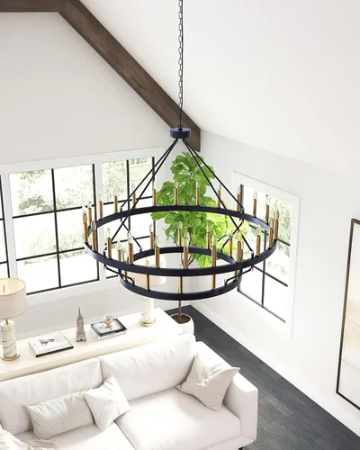 Vista 4 de yzzy Candelabro de 36 luces estilo vela de 2 niveles estilo vela colgante de 47 pulgadas, candelabros de hierro forjado para sala de estar, pasillo