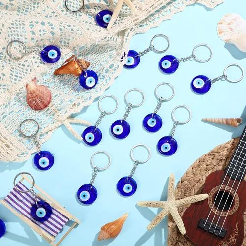 Vista 7 de Inbagi 50 llaveros de ojo turco azul turco con dijes de decoración para manualidades, llavero de cristal con llavero, adorno colgante, accesorios