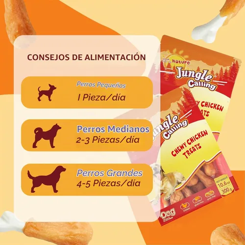 Vista 6 de Jungle Calling - Golosinas masticables de pollo y calcio para perros, hueso sin cuero crudo, 10.6 onzas