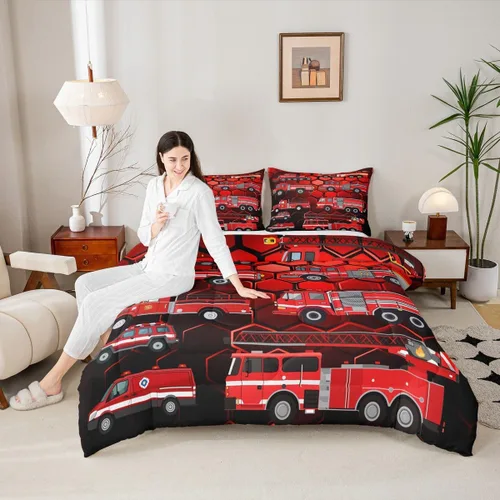 Vista 2 de Erosebridal Juego de edredón de camión de bomberos para niños, juego de ropa de cama de panal rojo brillante con diseño de panal de abeja