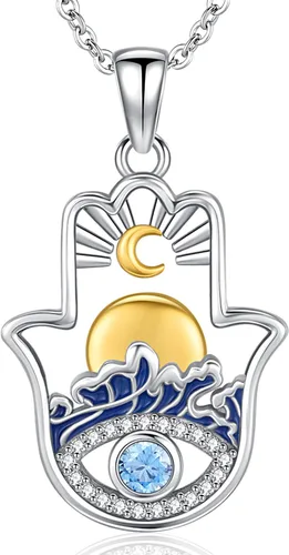 Vista 109 de Aniu Joyería de plata de ley 925 Hamsa de Fátima para mujer con circonita cúbica, viene con caja de regalo negra