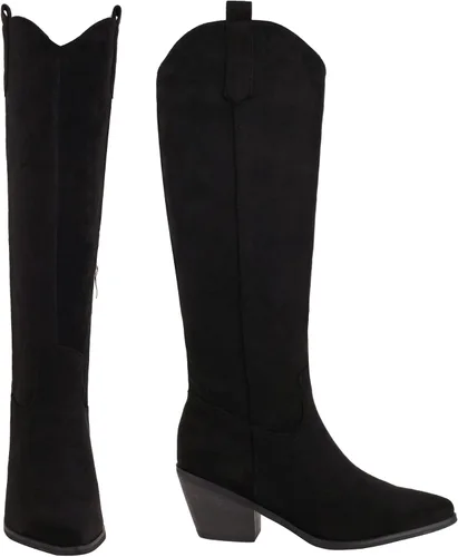 Vista 6 de Reitoye Botas vaqueras para mujer, bordadas, vaquera occidental, botas de tacón alto y grueso, con pestañas para tirar