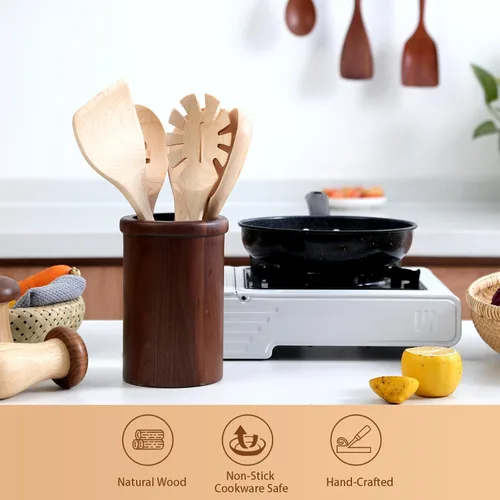 Vista 4 de GinSent Cucharas de madera para cocinar, cucharas de madera cómodas de mango grueso de 12 pulgadas, utensilios de cocina de madera para agitar