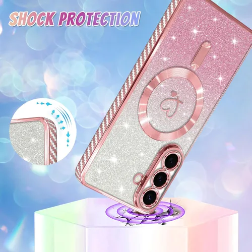 Vista 407 de Bonoma - Funda compatible con Samsung Galaxy S21 Plus, diseño de corazón con purpurina, color rosa Support for MagSafe, Plating Magnetic Case TPU