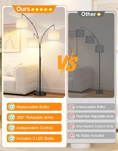 Vista 2 de OUTON Lámpara de pie LED de arco, lámpara de pie alta moderna negra de 3 luces para dormitorio, 2400lm lámparas de esquina de pie ajustables