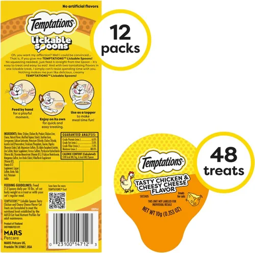 Vista 2 de Temptations Cucharas para lamer, golosinas suaves para gatos, golosinas húmedas para gatos adultos, sabroso sabor a pollo y queso cursi, 4 cucharas