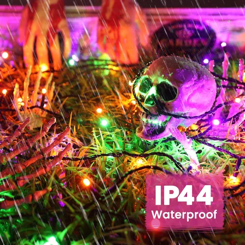 Vista 5 de Luces de Halloween - Tira de luces naranjas, verdes y moradas con 8 modos, guirnalda resistente al agua de 82 pies con 200 luces LED para decoración