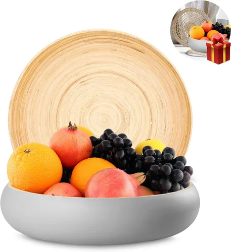 Vista 8 de Cuenco grande de bambú hilado con cargador adicional, frutero decorativo, cesta de frutas de cocina, cuenco de centro de mesa, cuenco de bambú Negro