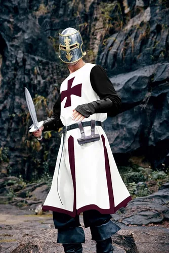 Vista 3 de Ryannology Disfraz de cruzado medieval para hombre, templario, renacentista, caballero guerrero, túnica retro para Halloween, cosplay, top con cruz