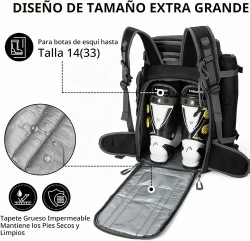 Vista 4 de Bolsa para Botas de Esquí de 65L, Bolsa de Viaje Grande Tipo Duffel, Mochila para Botas de Esquí de 1680D Nylon Impermeable y Acolchada para Negro