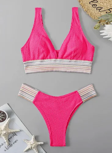 Vista 3 de Herseas Traje de baño de 2 piezas para mujer, con bloque de color, cuello en V, acanalado, panel cheurón