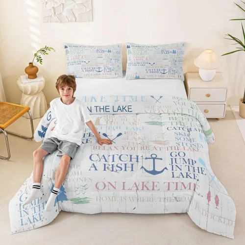Vista 3 de Juego de edredón Lake House tamaño Twin, juego de ropa de cama náutica de navegación con ancla de 2 piezas para decoración de habitación de niños