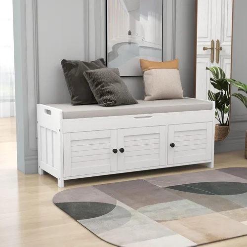 Vista 19 de SOFTSEA Banco de Almacenamiento Tapizado, Otomana de Almacenamiento con Cesta Removible y 2 Cajones, Banco de Zapatos de Estilo Granja con Cojín