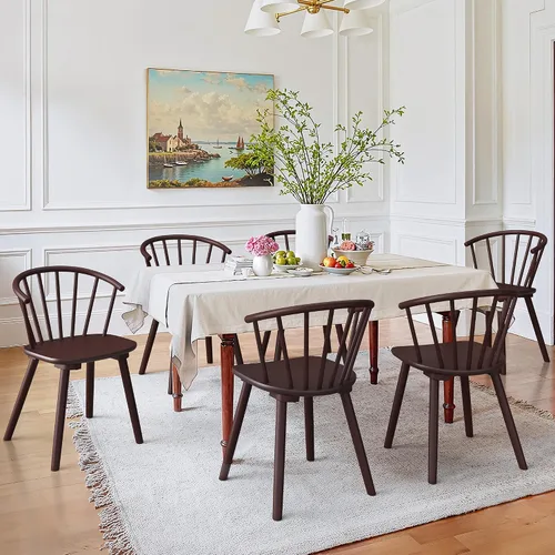 Vista 15 de LUE BONA Juego de 2 sillas de comedor negras, sillas de comedor de madera estilo granja con respaldo semicircular, silla de comedor con husos