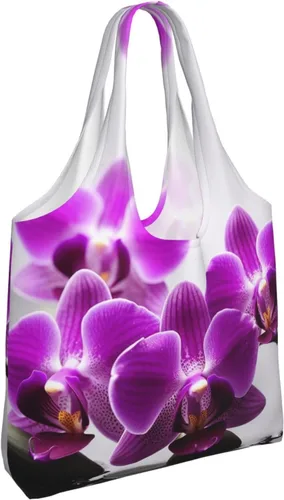 Vista 3 de Bolsas de lona con estampado de orquídeas y mariposas moradas, bolsa de playa grande, bolsa de lona para el hombro, bolsas de compras reutilizables