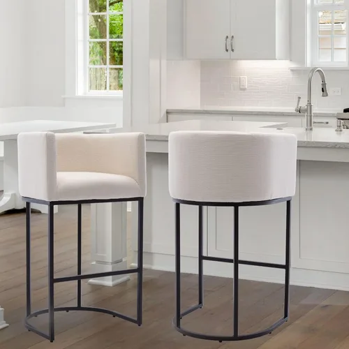 Vista 2 de Taburete de bar de lino de 32 pulgadas, taburete moderno de altura de barril con brazo, silla de mostrador tapizada, marco de metal negro para isla