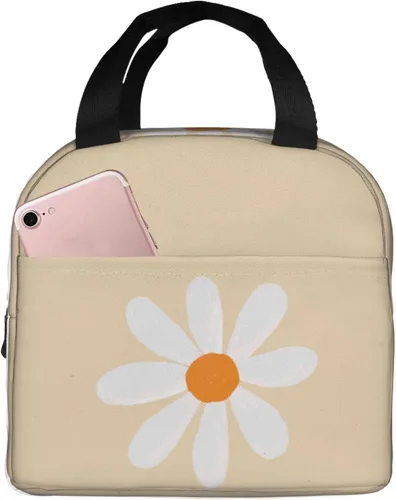 Vista 9 de Lonchera Kawaii con diseño de margaritas azules para mujeres y hombres, bonita lonchera aislada con bolsillo frontal para el trabajo, picnic y viajes
