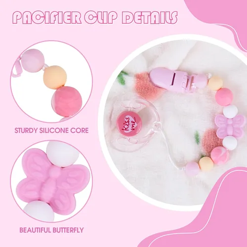 Vista 3 de Aori Clips para Chupetes para Muñecas Rebron de Bebé, Soportes de Silicona con Chupete Magnético - Rosa
