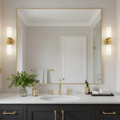 Vista 42 de 24x24 Inch Black Bathroom Mirror for Wall, Aluminum Frame Rectangle Rectangular Vanity Mirror, Modern Large for Bedroom, Living Room, Horizontal or