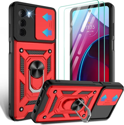 Vista 28 de Gritup Funda para Moto G Stylus 5G-2021 con cubierta deslizante para cámara 1 paquete de protectores de pantalla HD Soporte de metal giratorio