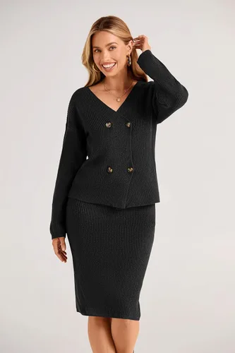 Vista 6 de PRETTYGARDEN Conjunto de 2 piezas de suéter para mujer, con cuello en V, con botones, cárdigan y falda entallada