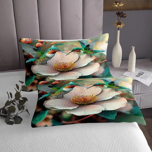 Vista 2 de Juego de ropa de cama floral 3D tamaño individual con colibrí, 2 piezas para niños, adolescentes, mujeres, hombres, decoración de habitación