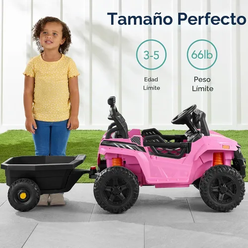 Vista 5 de Best Choice Products Carro Eléctrico Montable UTV de 12V para Niños con Remolque con Control Parental, Luces LED, 2 Velocidades, Bluetooth - Rosa