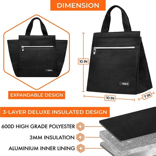 Vista 4 de opux Bolsa de almuerzo tipo tote para mujeres, lonchera aislada tipo tote para niñas, niños, adultos, escuela y trabajo, bolsa de almuerzo