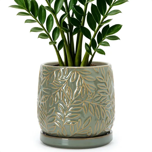 Vista 20 de D'vine Dev Maceta de gres con hojas en relieve de 4 pulgadas con orificio de drenaje y platillo, azul grafito, 27-A-Z-9 Nature-Inspired Leaf