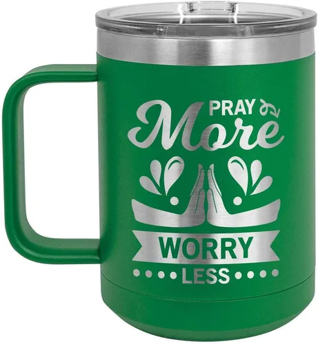 Vista 12 de PRAY MORE WORRY Less 15 oz taza de café con tapa superior deslizante Taza de café de viaje aislado Ideas de regalo de cumpleaños o Navidad