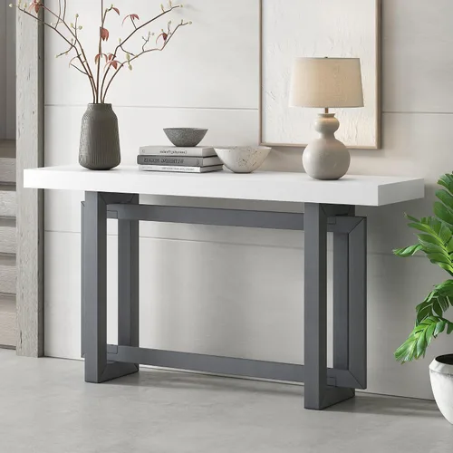 Vista 13 de Mesa de consola de madera de 152 cm con tapa de chapa de roble y patas curvadas delgadas de madera de goma, elegante mesa de sofá para sala