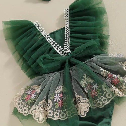Vista 6 de Ursobutegl Mameluco de princesa para bebé recién nacida, vestido de malla bordado, elegante, tutú con falda, overol para cumpleaños