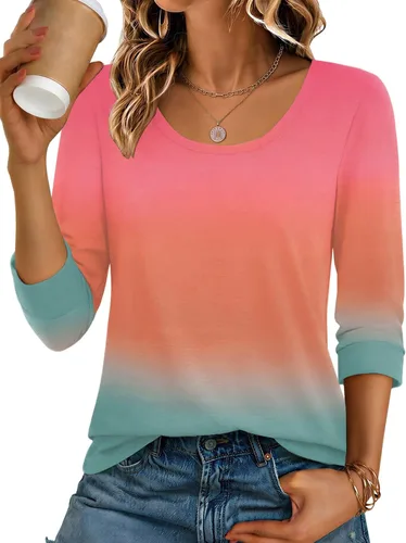 Vista 8 de Ekouaer Camisetas básicas casuales de manga 3/4 para mujer, cuello redondo Rayado Caqui
