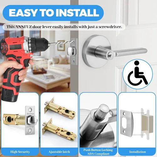 Vista 5 de Cerradura de palanca de apertura de un solo toque con llaves (níquel cepillado) Push Button Locking, ADA, Hands-Free Unlock Handle, Fits Left &