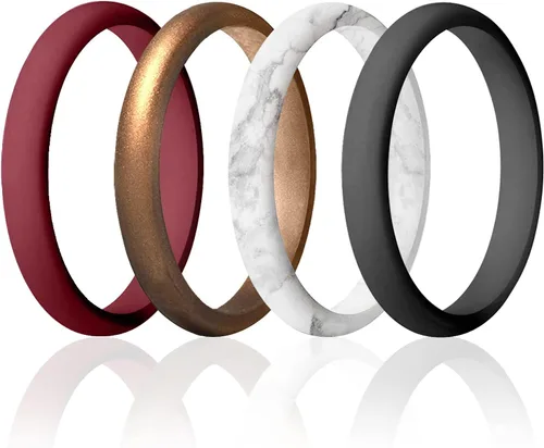 Vista 10 de ROQ - Anillo de boda de silicona para mujer, delgado apilable, bisel en forma de cuchillo, 2.5 mm de ancho, 2 mm de grosor, negro, mármol Blanco